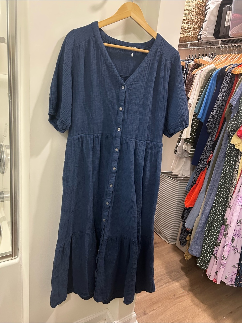 100% Cotton Button-Front Navy Blue Midi Dress